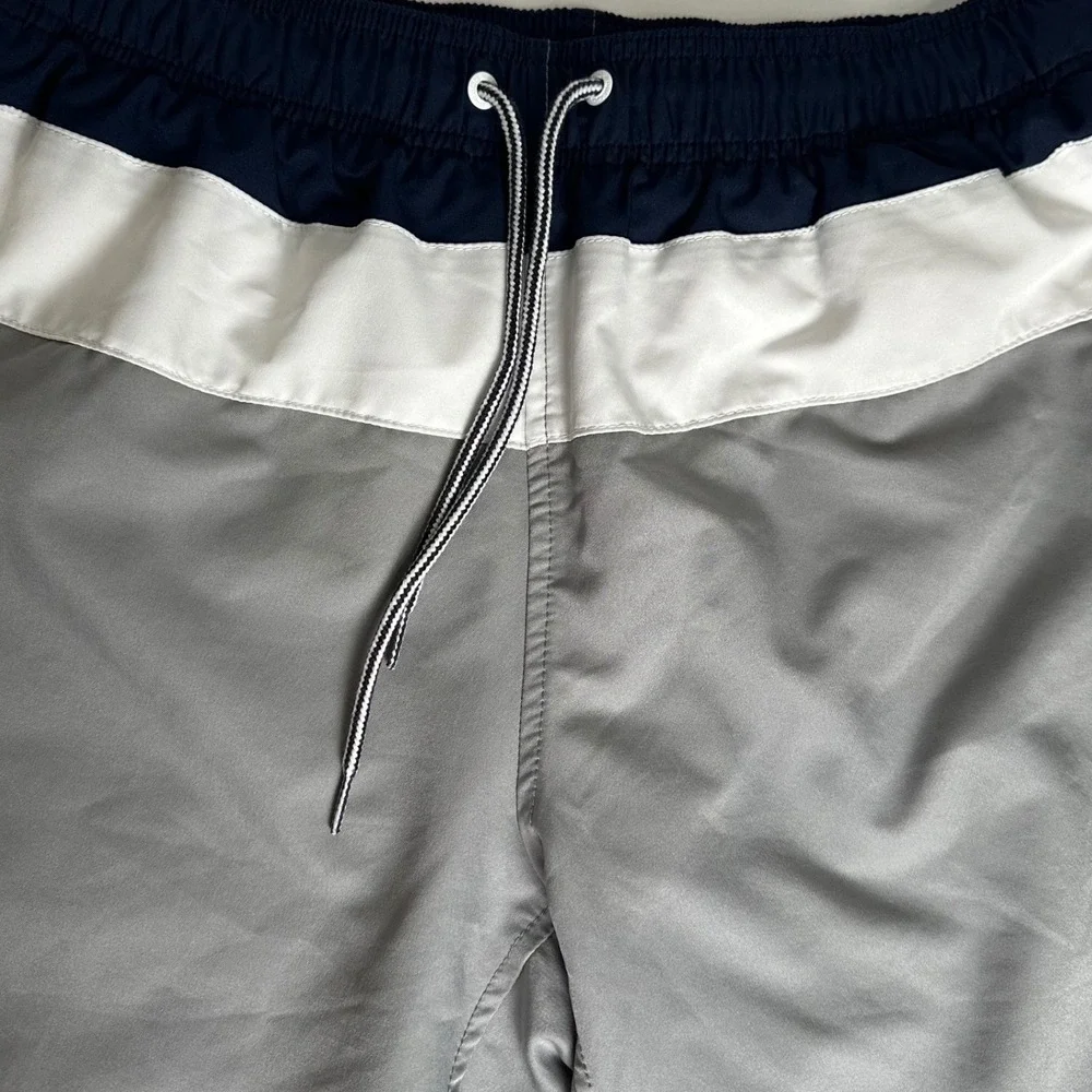 Speedo Swim Trunks Men Medium Grey Navy White Colorblock Mesh‎ Liner 7 Inch